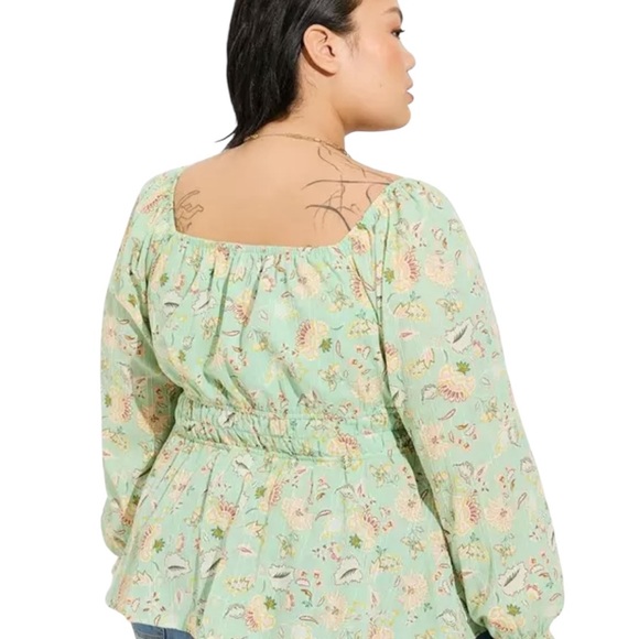 Torrid Top Woman’s Size 5X Smocked Cotton Clip Dot Blouson Sleeve Floral Green - Picture 2 of 9